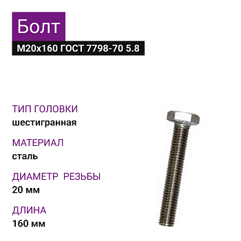 Болт М20х160 ГОСТ 7798-70 5.8 цинк